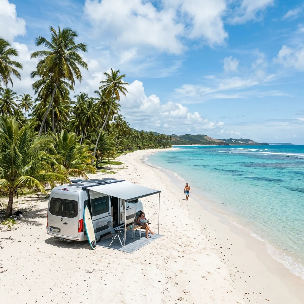 Illustrative motorhome beside a tropical beach